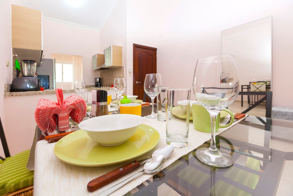 We provide all necessities in the dining area. You can totally enjoy your meal. it's an amazing warm environment for your family and friends.