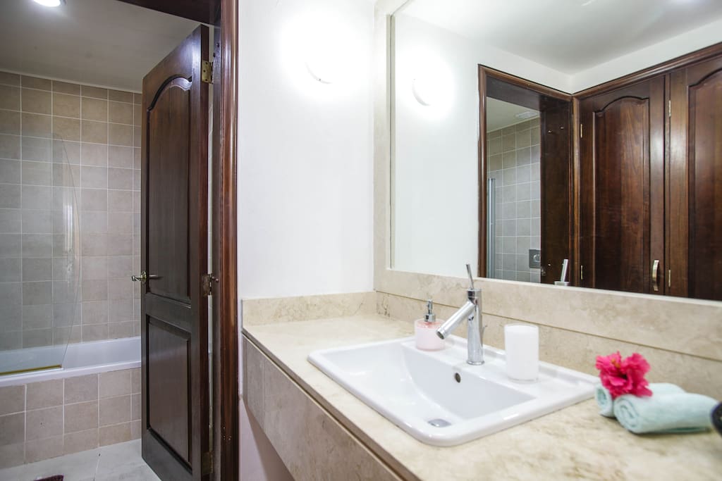 Private bathroom with a hot water tub. We always provide with fresh towels and basic necessities