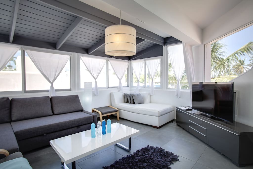 Nice and cozy space where you can enjoy time with friends and family. The apartment is well-equipped and has new modern furniture, big sectional, chaise lounge, 2 fiddle-back chairs, console table with a TV, a lot of single casement windows.