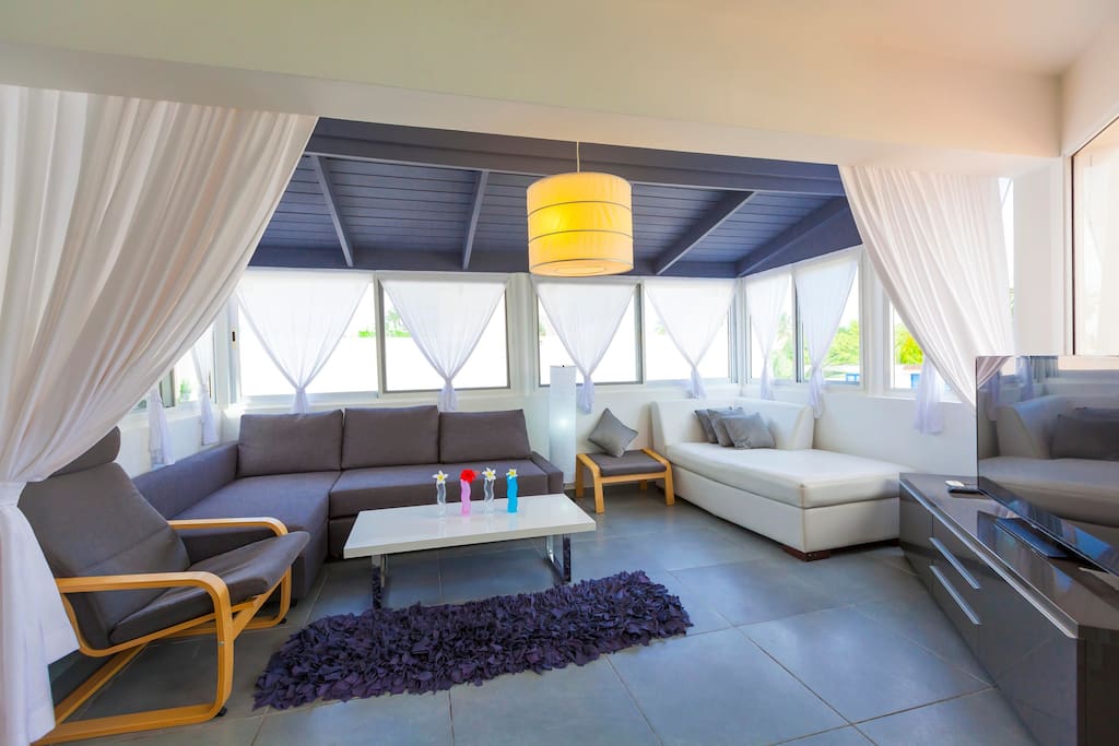 Nice and cozy space where you can enjoy time with friends and family. The apartment is well-equipped and has all new modern furniture, big sectional, chaise lounge, 2 fiddle-back chairs, console table with a TV, a lot of single casement windows.