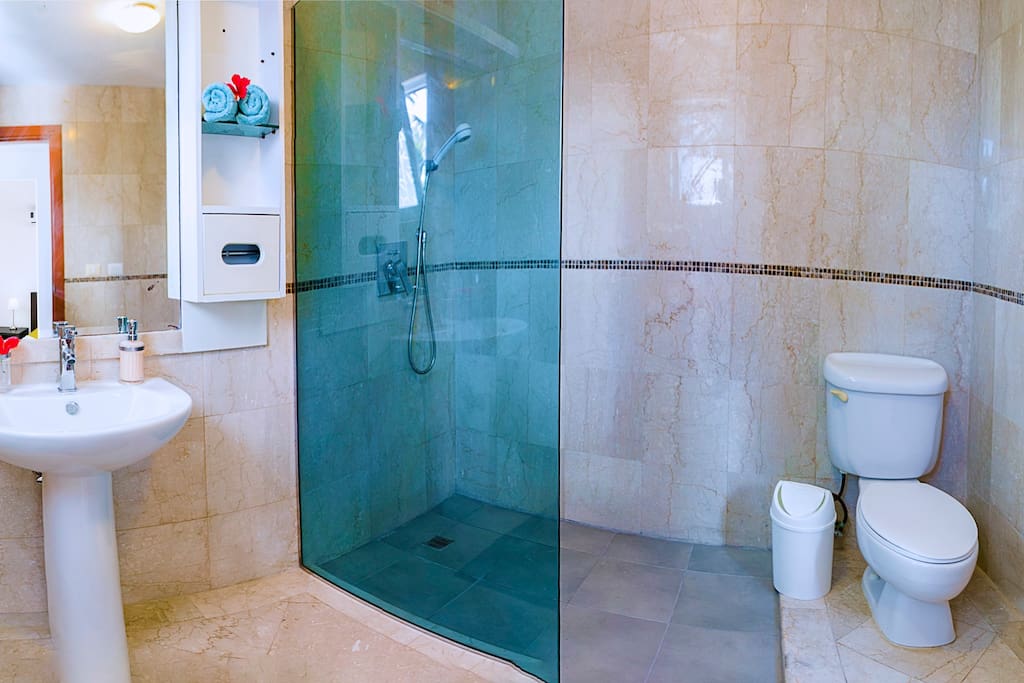 The apartment's bathroom with hot shower and lovely design.