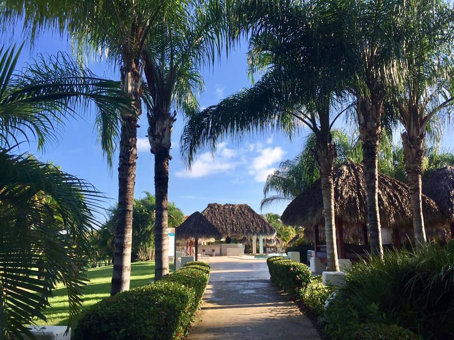The main entrance to the residence. The territory is secured 24/7, clean and safe. You'll have access to the pool, the lounge zone with the outdoor bar, and the volleyball court