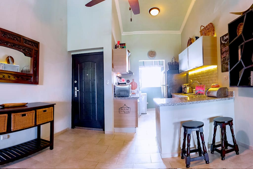 Your new kitchen is fully-equipped with modern kitchen appliances: plates, bowls, glasses, microwave, fridge, coffee maker, blender etc. Use them to make your stay comfortable.