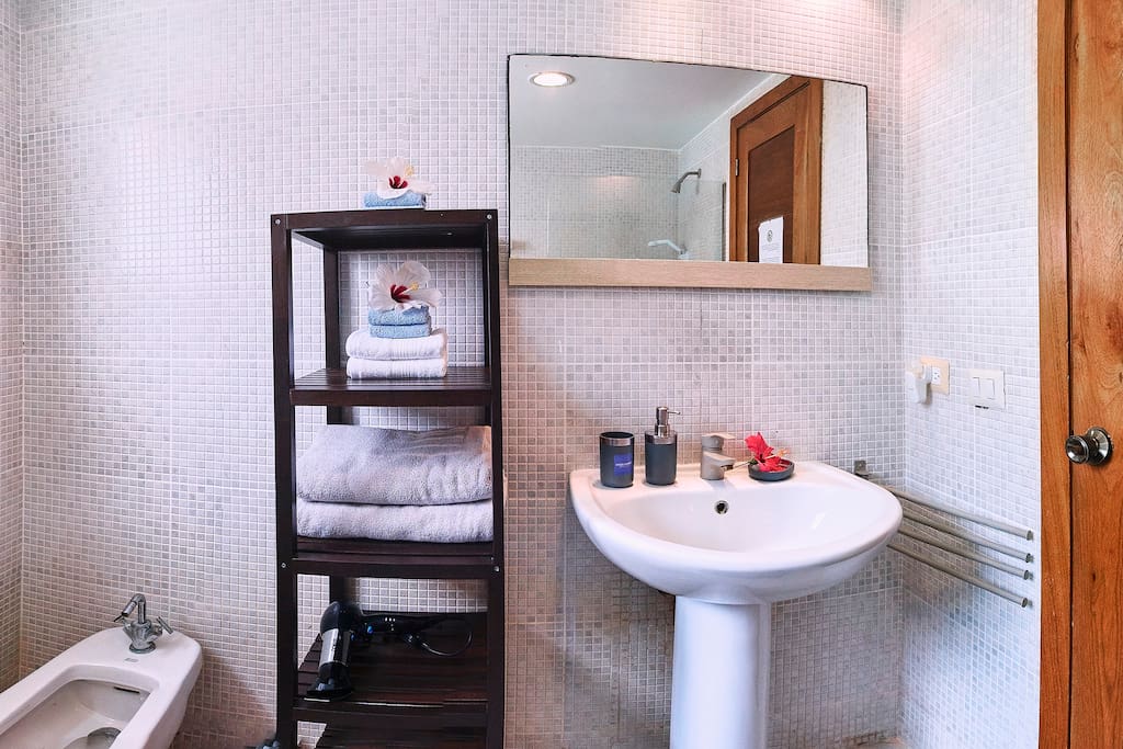 The private bathroom with a hot shower is very roomy and fresh.