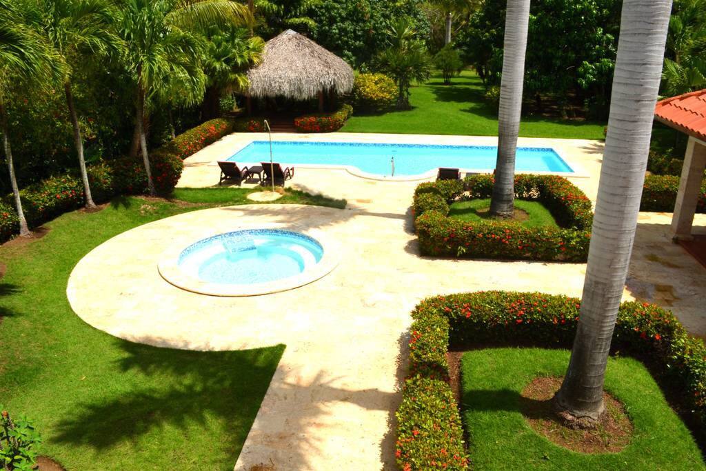 The whole family can relax by the pool. Your kids can have fun in the small pool, it is safe.