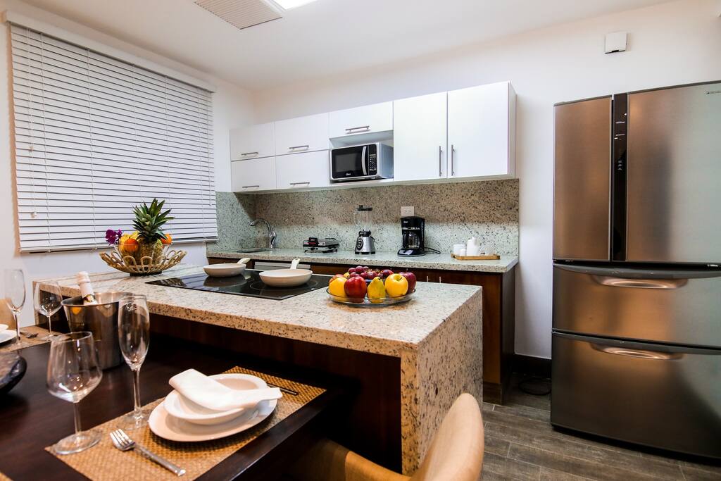Fully equipped kitchen at your disposal! You will find a huge modern fridge, coffee maker, microwave, blender, stove and all necessary utensils for your comfortable stay!