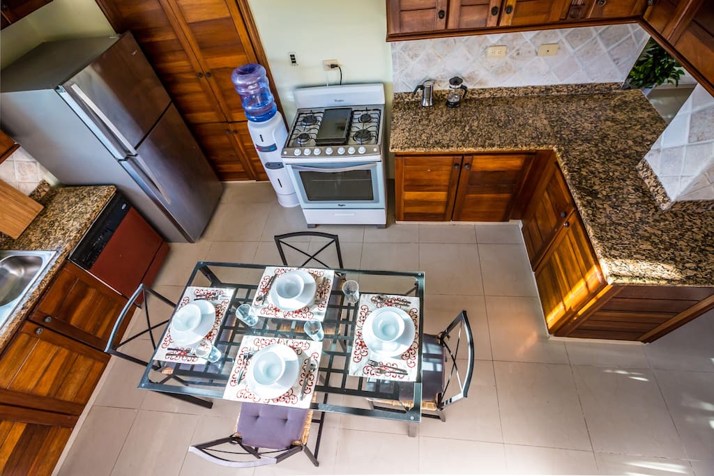 You can cook and enjoy your food in a neat, fully-equipped kitchen. So, you can have delicious food prepared in this lovely kitchen with all amenities:
+ Water cooler
+ Kitchen stove
+ Big Fridge
+ Microwave
+ Toaster
+ Blender
It will make your stay unbelievable!